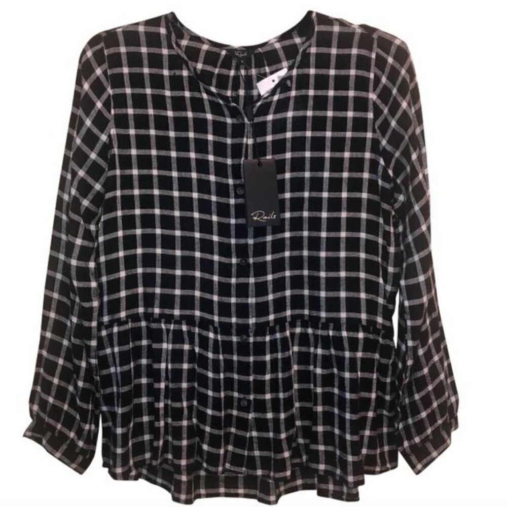 Rails Black and white Long Sleeve Plaid Checkered Ruffle Small Babydoll Blouse